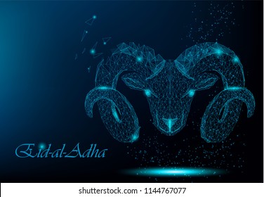 Muslim holiday Eid al-Adha. Polygonal ram for Kurban Bayrami. Holy month. Vector illustration on dark blue background.