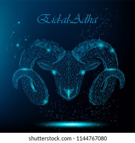 Muslim holiday Eid al-Adha. Polygonal ram for Kurban Bayrami. Holy month. Vector illustration on dark blue background with greeting words on top