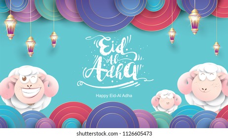 Muslim holiday Eid al-Adha. the sacrifice a ram sheep. Beautiful text handwritten lettering design for for graphic poster, greeting card etc.Greeting vector illustration