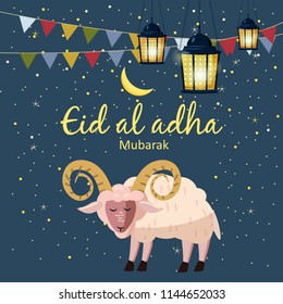 Muslim holiday Eid al-Adha. the sacrifice a ram or white sheep. Graphic design decoration kurban bayrami. Moon, month lamb and a lamp. Vector, illustration, isolated
