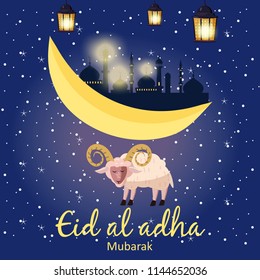 Muslim holiday Eid al-Adha. the sacrifice a ram or white sheep. Graphic design decoration kurban bayrami. Moon, month lamb and a lamp. Vector, illustration, isolated