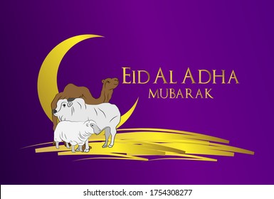 Fiesta musulmana Eid al-Adha. el sacrificio un carnero. decoración de diseño gráfico kurban bayrami. cordero, oveja y camello al mes. ilustración vectorial.