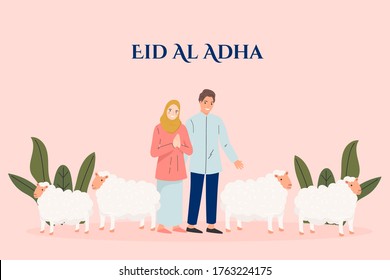 Fiesta musulmana Eid al-Adha. el sacrificio de un carnero carnero.diseño para el afiche gráfico, tarjeta de saludo etc.Ilustración vectorial de saludo