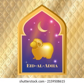 Muslim holiday Eid al-Adha. the sacrifice a sheep. Golden arabesque decorations, gorgeous glitter style. Drawn mosque night view from arch.