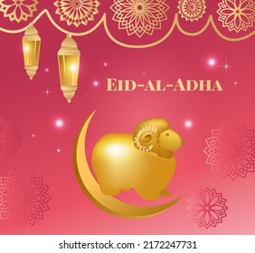 Muslim holiday Eid al-Adha. the sacrifice a sheep. Golden arabesque decorations, gorgeous glitter style. Drawn mosque night view from arch.