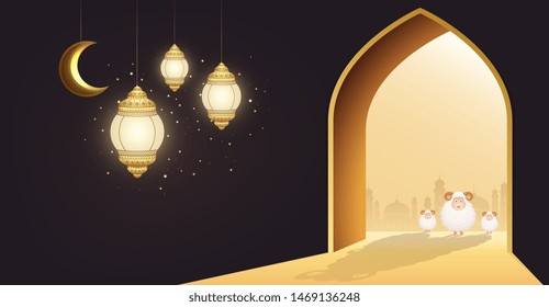 Muslim holiday Eid Al-Adha. White sheep or sacrifice a ram at door of a mosque with crescent moon and glowing lanterns.