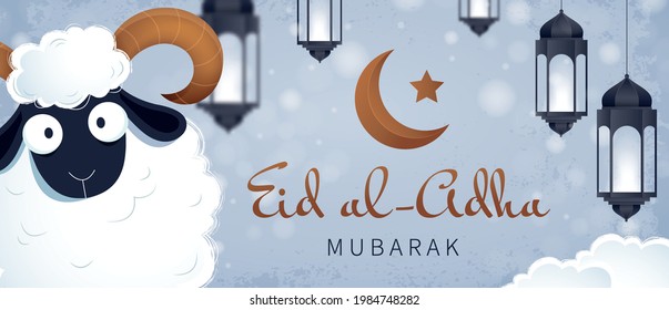 Muslim holiday Eid al-Adha. White ram and hanging lamps. Islamic greeting card, poster, banner or flyer. 