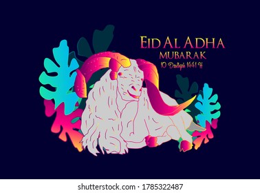 Muslim holiday Eid al-Adha.1441 H the sacrifice a ram. graphic design decoration kurban bayrami. month lamb, sheep, and camel. vector illustration.