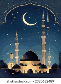 Muslim Holiday Greeting Card Template with Dark Night Arabian Cityscape, Mosque - Creative Design in Vector Format