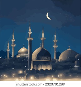 Muslim Holiday Greeting Card Template with Dark Night Arabian Cityscape, Mosque - Creative Design Vector Format