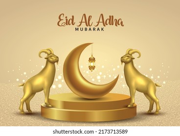 Muslim holiday happy Eid al-Adha. graphic design decoration kurban bayrami. golden moon and a sheep. new vector illustration