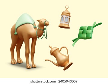 Muslim holiday, Ramadan Kareem. Elements for Ramadan or other religious Islamic holidays. Realistic camel, lantern, golden kettle for traditional rituals, and ketupat. Vector illustration in 3d