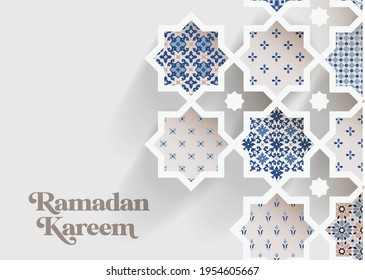 Muslim holiday Ramadan Kareem greeting card. Close-up of colorful ornamental arabic tiles, patterns through white mosque window. Eid Ul Fitr invitation. Vector arabesque illustration bacground.