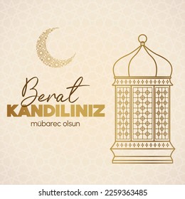 Muslim holiday. Vector concept of Islamic holy night Berat Kandiliniz. Card with lantern and crescent moon with Arabian pattern. Vector on light beige background