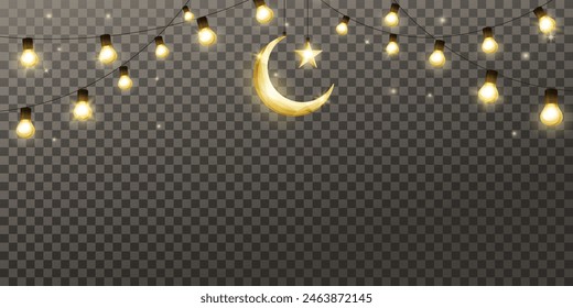 Muslim holidays festive frame isolated. Ramadan and Al Adha garland. Eid Mubarak banner with hanging light bulbs and crescent decoration. Transparent background can be removed in vector format.