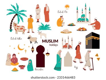 Muslim holidays flat set of isolated icons with human characters of prayers traditional dishes and text vector illustration