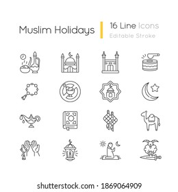 Muslim holidays linear icons set. Traditional religious day of ramadan kareem. Camel walks desert. Customizable thin line contour symbols. Isolated vector outline illustrations. Editable stroke