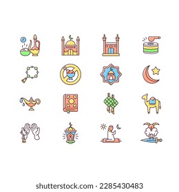 Muslim holidays RGB color icons set. Traditional religious day of ramadan kareem. Prayer to one and only god. Camel walks desert. Isolated vector illustrations