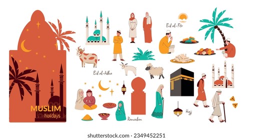 Muslim holidays set with flat isolated icons of tropical trees mosques traditional food and human characters vector illustration