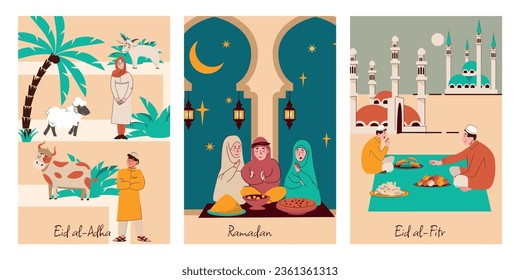 Muslim holidays set of three vertical compositions with flat ornate text and oriental doodle human characters vector illustration