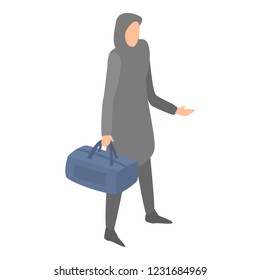 Muslim homeless woman with bag icon. Isometric of muslim homeless woman with bag vector icon for web design isolated on white background