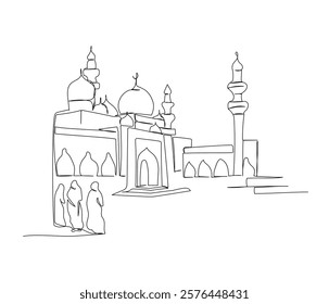 Muslim house of prayer, square near the mosque, visitors, believers, architecture one line art. Continuous line drawing of online Muslims, Islam, traditions, clothing, folk, oriental.