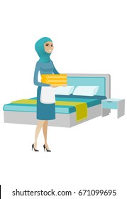 Muslim housekeeping maid with stack of linen. Full length of young housekeeping maid making bed in a hotel room. Hotel room service. Vector flat design illustration isolated on white background.