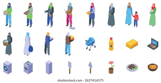 Muslim housewife icons set. Isometric set of muslim women performing diverse tasks, showcasing their active roles in household chores, childcare, and other daily activities