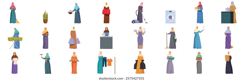 Muslim housewife icons set. Set of muslim women performing various household chores and other activities, representing their diverse roles