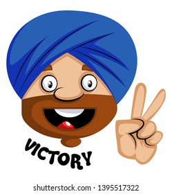 Muslim human emoji with victory sign, illustration, vector on white background.