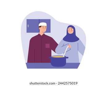 Muslim husband and wife are preparing the iftar menu in the kitchen. Character design. Vector flat illustration