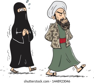 Muslim husband and wife walking scared