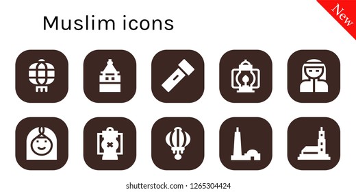  muslim icon set. 10 filled muslim icons. Simple modern icons about  - Lantern, Galata tower, Bedouin, Arab woman, Qutb minar, Hassan mosque