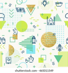 Muslim icons geometric seamless pattern. Eid Mubarak background. Ramadan kareem design. Arabian line icons set. Vector illustration 