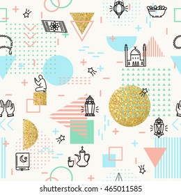 Muslim icons geometric seamless pattern. Eid Mubarak background. Ramadan kareem design. Arabian line icons set. Vector illustration 