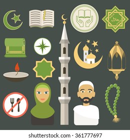 Muslim icons set. Flat style. Vector illustration.