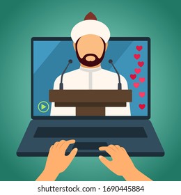 Muslim imam giving a speech in a mosque online. Home worship during quarantine due to the Covid-19 coronavirus. Internet mosque during ramadan. vector illustration