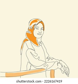 muslim iraqi girl standing in hijab and similing one line art