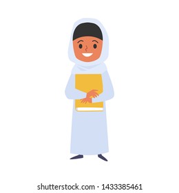 Muslim or islam cute child girl with book goes to the school cartoon character flat vector illustration isolated on white background. Education and happy childhood icon.