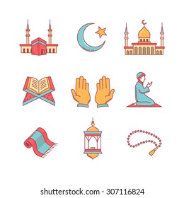 Muslim islam prayer and ramadan kareem thin line icons set. Modern flat style symbols isolated on white for infographics or web use.