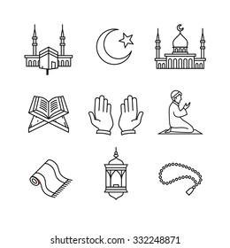 Muslim islam prayer and ramadan kareem thin line art icons set. Modern black symbols isolated on white for infographics or web use.