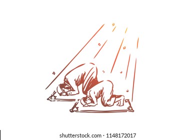 Muslim, islam, religion, arab, father and son, prayer concept. Hand drawn muslim dad and son praying concept sketch. Isolated vector illustration.