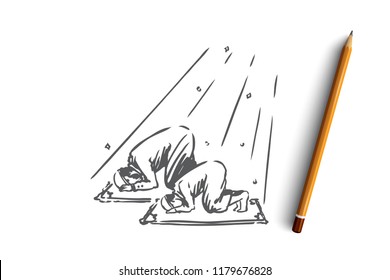 Muslim, islam, religion, arab, father and son, prayer concept. Hand drawn muslim dad and son praying concept sketch. Isolated vector illustration.