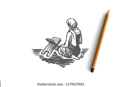 Muslim, islam, religion, arab, girl, koran, prayer concept. Hand drawn arabic girl sitting on knees and praying concept sketch. Isolated vector illustration.