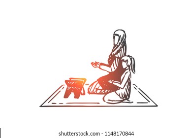 Muslim, islam, religion, arab, mother and daughter concept. Hand drawn muslim mom and daughter praying together concept sketch. Isolated vector illustration.