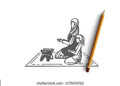 Muslim, islam, religion, arab, mother and daughter concept. Hand drawn muslim mom and daughter praying together concept sketch. Isolated vector illustration.