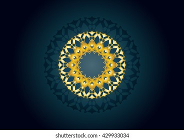 Muslim Islamic holiday celebration greeting card or wallpaper background with Arabic floral round ornaments, arabesque mandala with copy space for text. For Ramadan Kareem or Eid Mubarak.