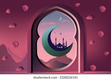 Muslim Islamic window background with moon and stars