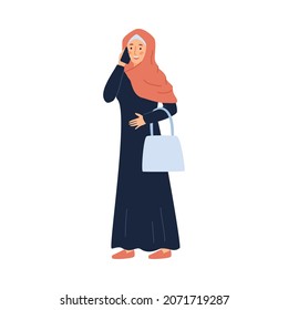Muslim islamic woman, wearing hijab and abaya, talks on the phone. Illustration of modern Saudi Arab lady holding smart phone and making a call while standing front view with handbag in her her hand