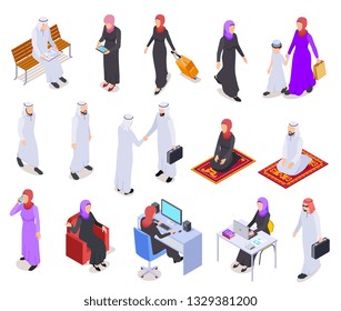 Muslim Isometric. Arab 3d People, Saudi Business Woman And Man In Traditional Clothes. Arabian Isolated Vector Characters